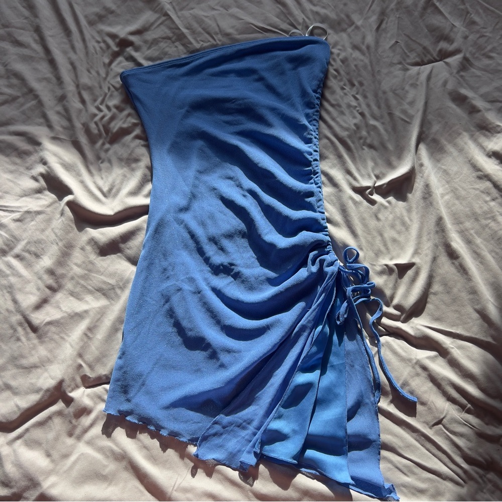 Blue Ruched Asymmetrical Dress - Flirty and Fun